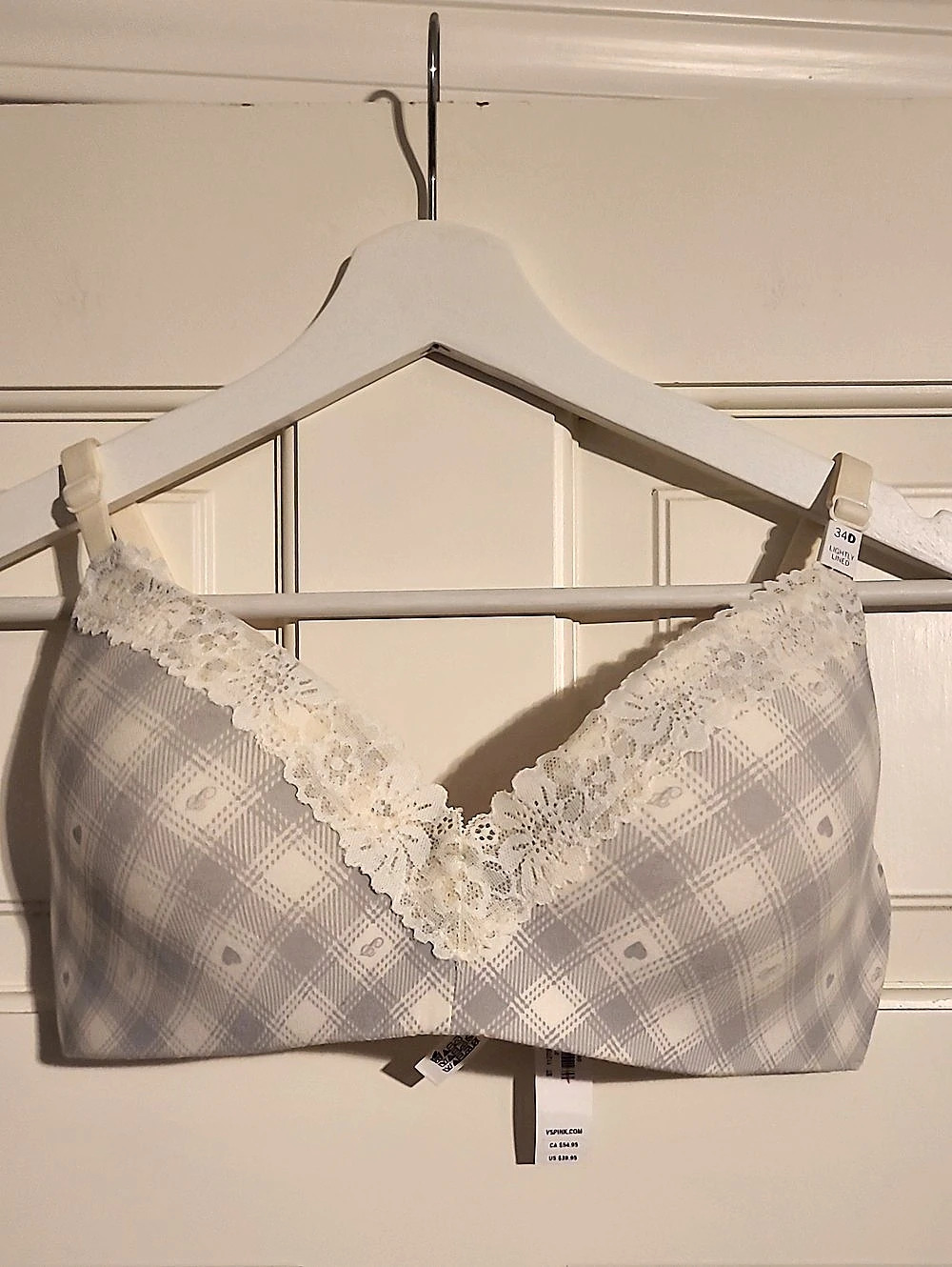 PINK Victoria's Secret Plaid Lace Bra Size 34D NWT